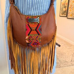 Nena & Co Small Leather Hobo with Fringe and Wheat Huipil panel